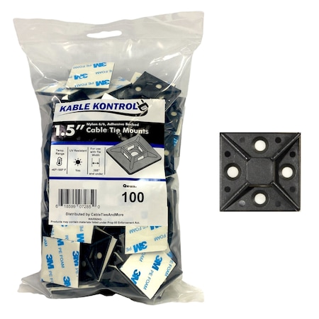 Kable Kontrol Kable Kontrol Adhesive Cable Tie Mounts, 1-1/2" Sq, UV Black Nylon, PK100 CT286